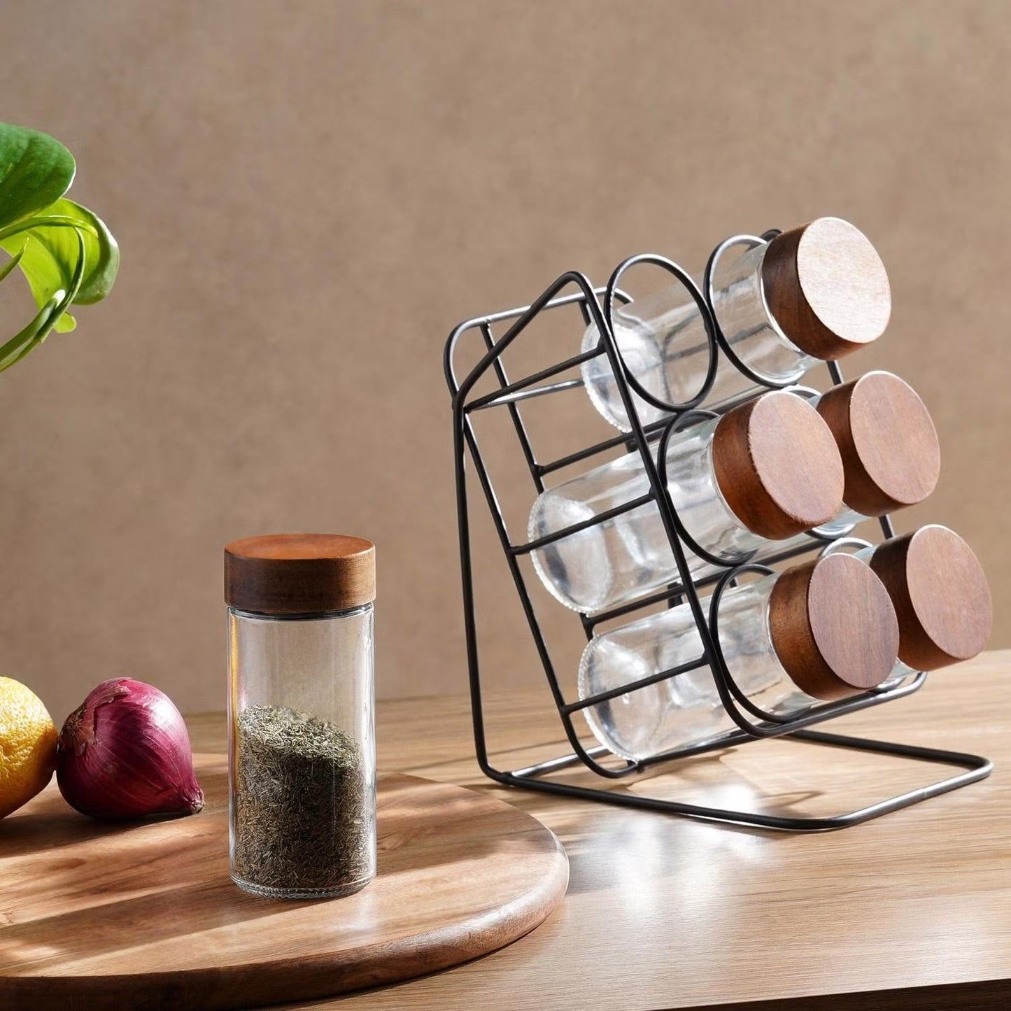 Spice Jar Set with Slanted Wooden Stand and Airtight Lids, 6-Piece