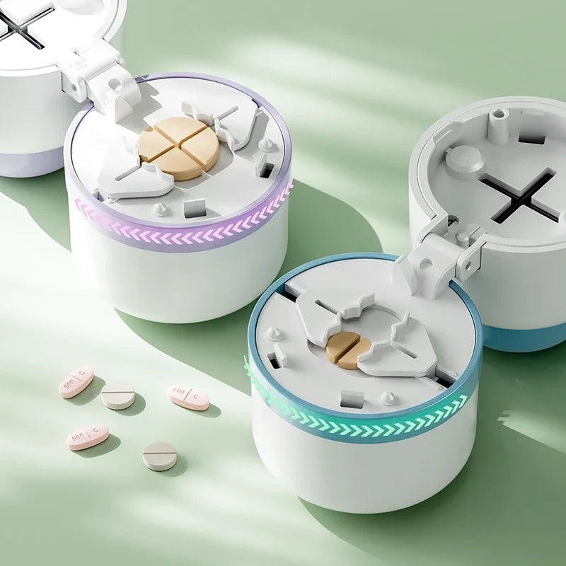 Pill Splitter with Stainless Steel Blade and Storage Compartments, Safety Lock