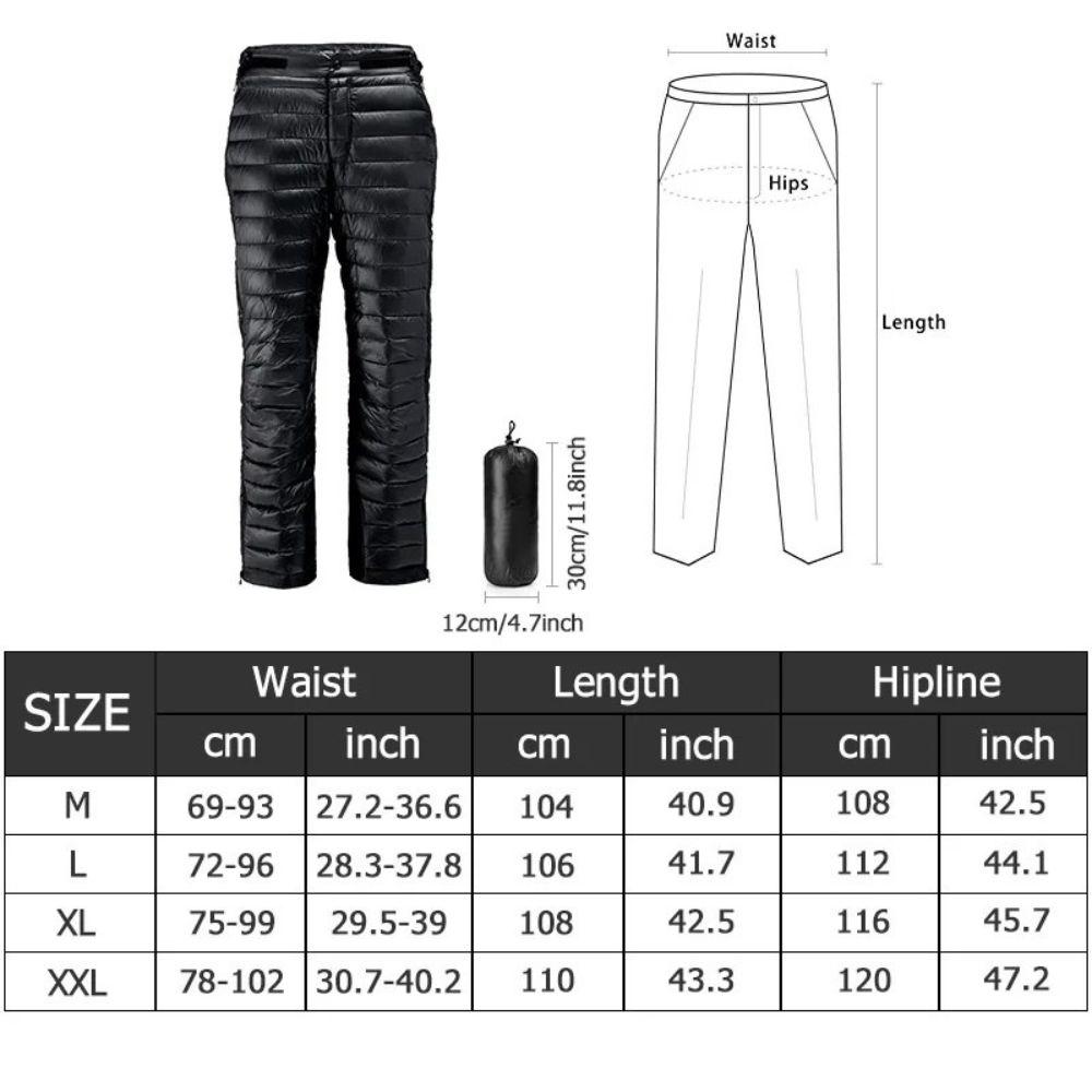 Insulated Down Pants with Full Leg Side Zippers and Goose Down Fill for Winter Hiking