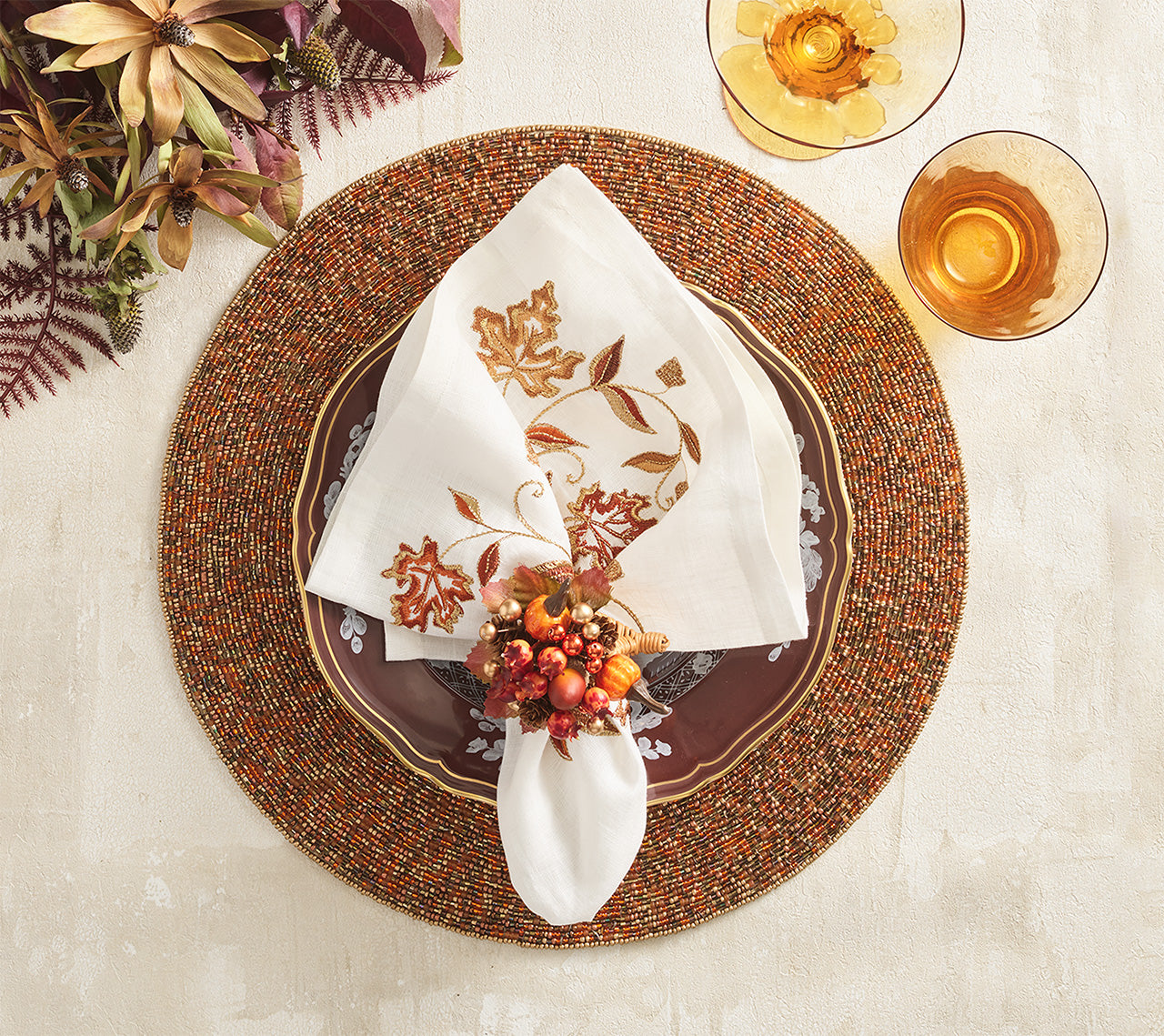 Harvest Cornucopia Napkin Ring with Berries and Pumpkins, Set of 4