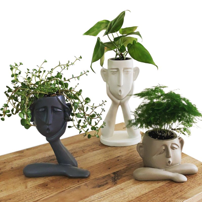 Face Shaped Plant Vases Set with Ceramic Construction and Sculptural Details