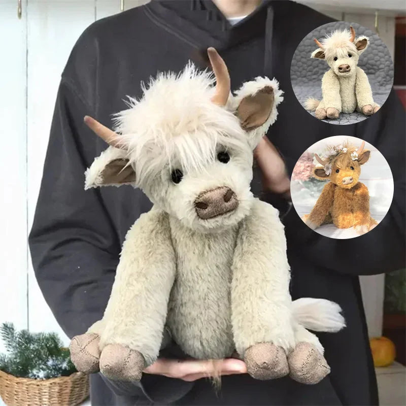 Posable Highland Cow Plush with Alpaca Fur and Flower Crown