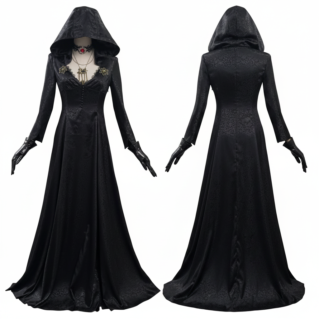 Vampire Lady Cosplay Outfit with Jacquard Coat and Floor Length Gown, Choker Pendant