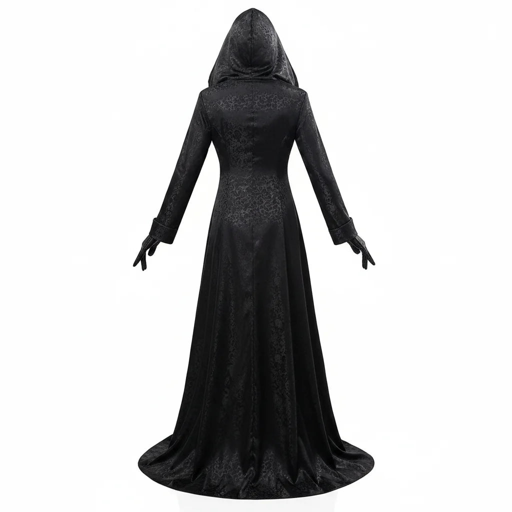 Vampire Lady Cosplay Outfit with Jacquard Coat and Floor Length Gown, Choker Pendant