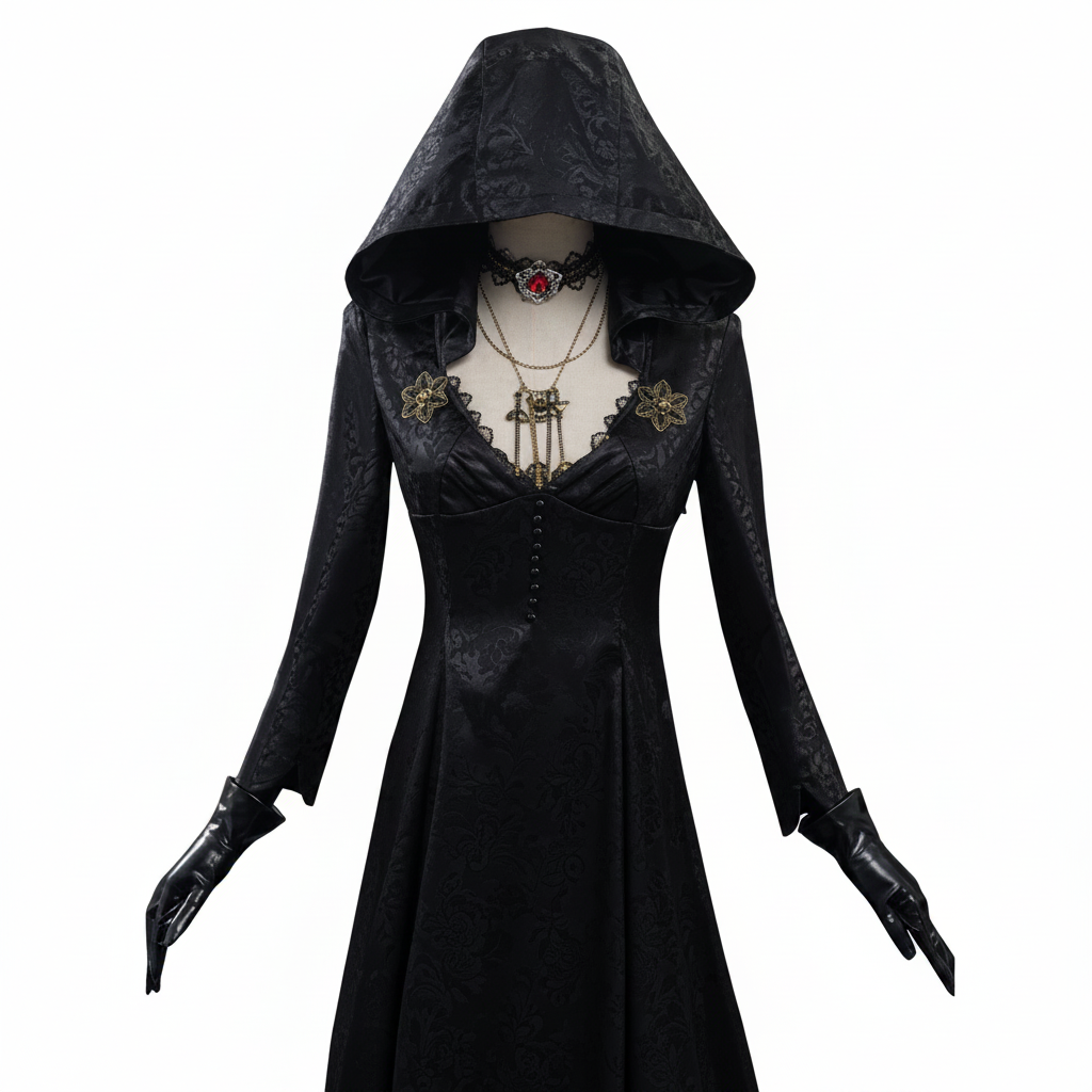 Vampire Lady Cosplay Outfit with Jacquard Coat and Floor Length Gown, Choker Pendant