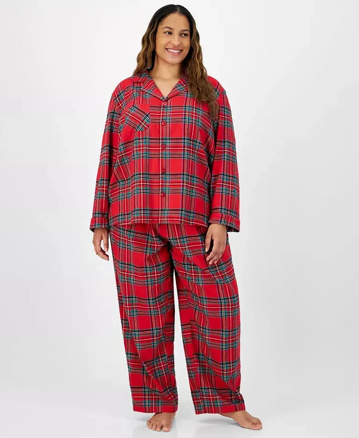 Plaid Flannel Pajama Set with Button Front Top and Elastic Waistband Pants