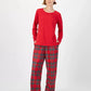 Plaid Pajama Set with Long Sleeve Crewneck Top and Drawstring Pants, Hip Pockets