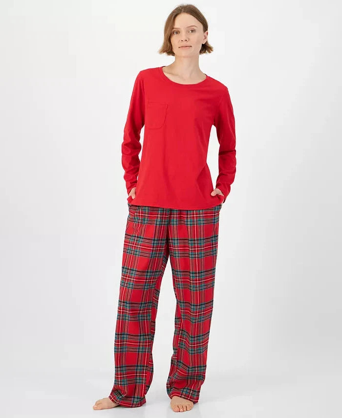 Plaid Pajama Set with Long Sleeve Crewneck Top and Drawstring Pants, Hip Pockets