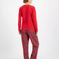 Plaid Pajama Set with Long Sleeve Crewneck Top and Drawstring Pants, Hip Pockets