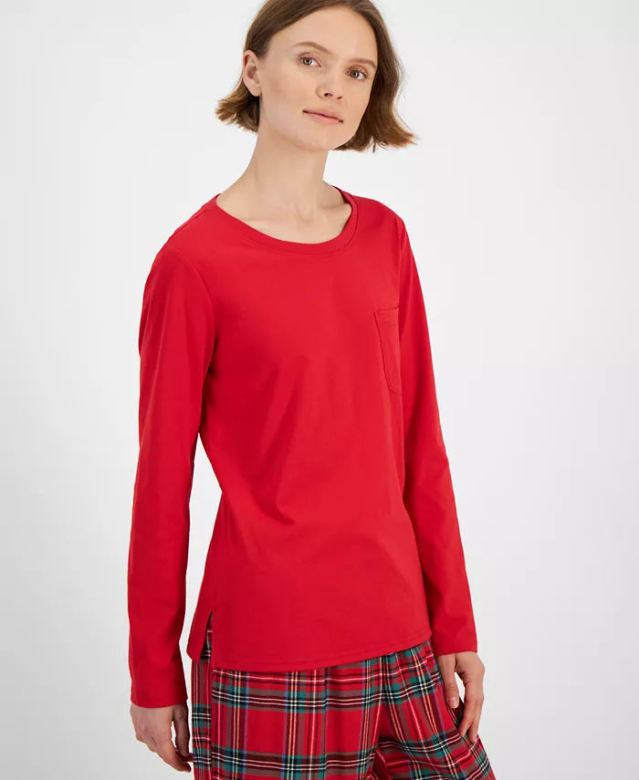 Plaid Pajama Set with Long Sleeve Crewneck Top and Drawstring Pants, Hip Pockets