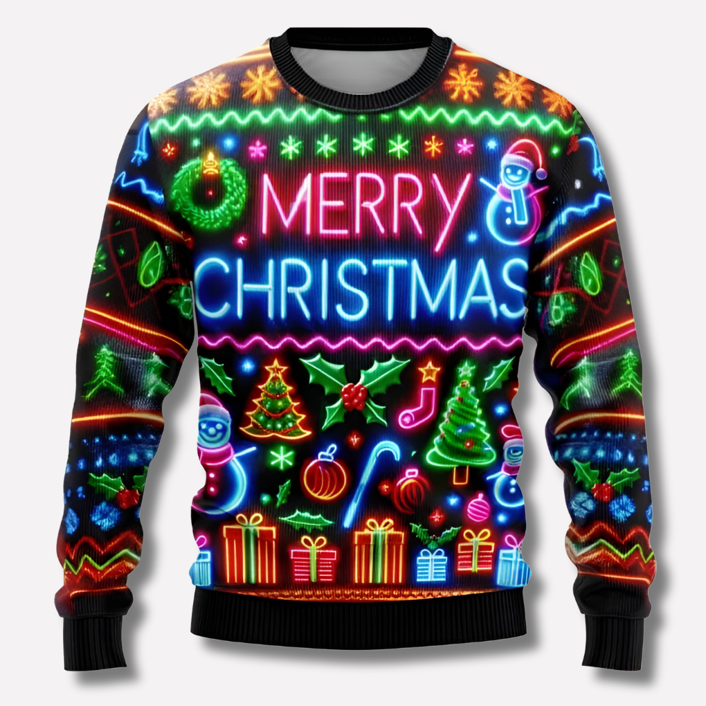 Neon Reindeer and Snowflake Sweater with Crew Neck and Long Sleeves