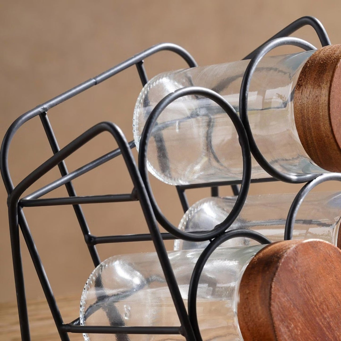 Spice Jar Set with Slanted Wooden Stand and Airtight Lids, 6-Piece