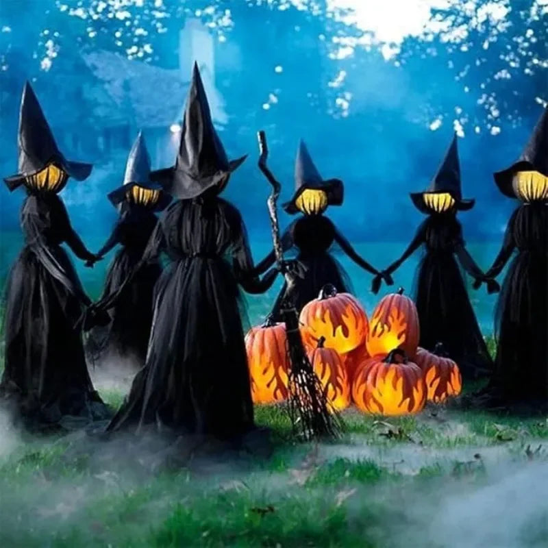 Glowing Witch Figures with Sound-Activated Sensors and Flickering Heads, Hand-Holding Formation