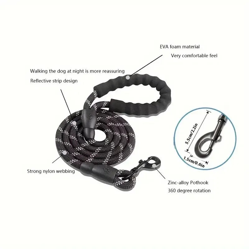 Dog Leash with Reflective Stitching and Padded Grip, Double Rope Construction