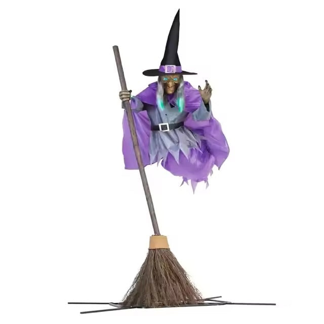 Cloth Flying Witch Decoration with Ground Stake and Broom, 6-Foot Height