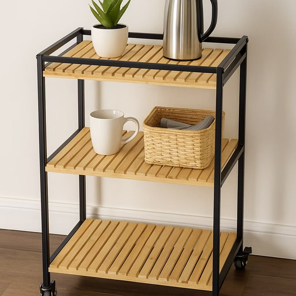 Bamboo Storage Trolley with Three Open Shelves and Rolling Wheels