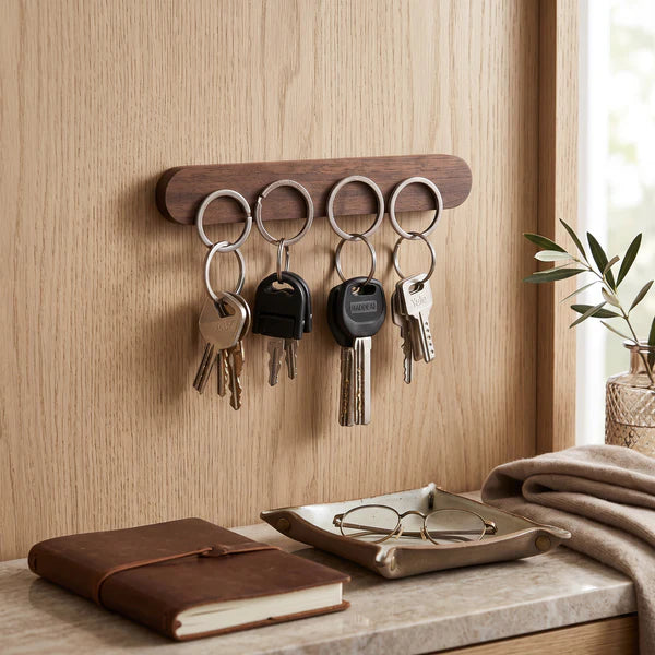 Magnetic Wooden Key Holder Wall Mount with Adhesive Backing and Oval  Design