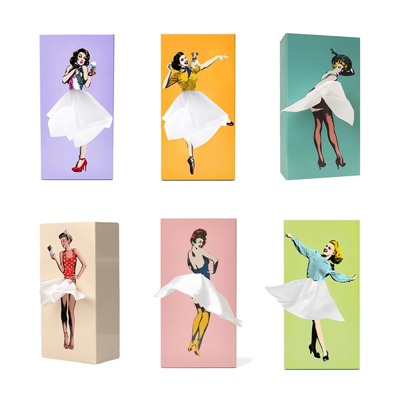 Tissue Box Cover with Billowing Skirt and Removable Weighted Base, Fits Standard Refills