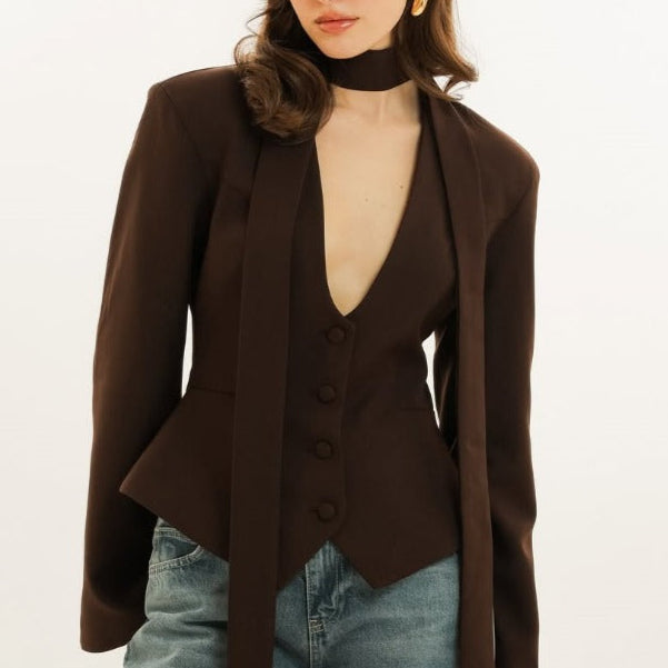 Women's Long Sleeve Blazer with Attached Scarf and Tailored Fit, Single-Breasted