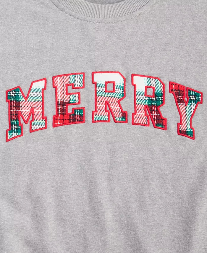 Holiday Sweatshirt with Plaid Merry Appliqué and Spandex Stretch, Long Sleeves