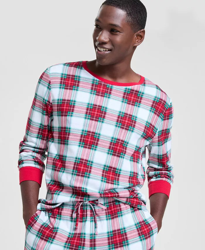 Plaid Flannel Pajama Set with Woven Cotton and Adjustable Drawstring, Long Sleeves