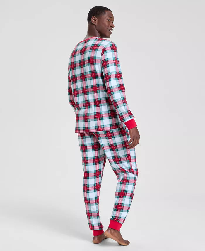 Plaid Flannel Pajama Set with Woven Cotton and Adjustable Drawstring, Long Sleeves