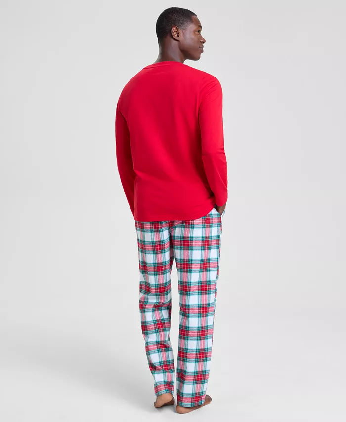 Plaid Flannel Pajama Set with Crew Neck Top and Elastic Drawstring Pants