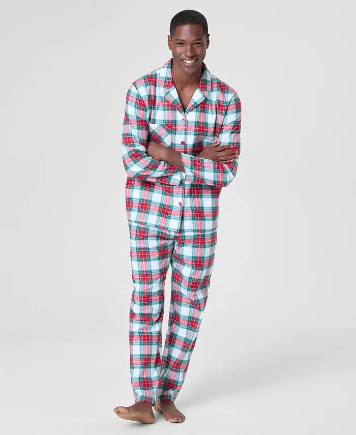 Woven Plaid Pajama Set with Button Front Top and Drawstring Pants, Side Pockets