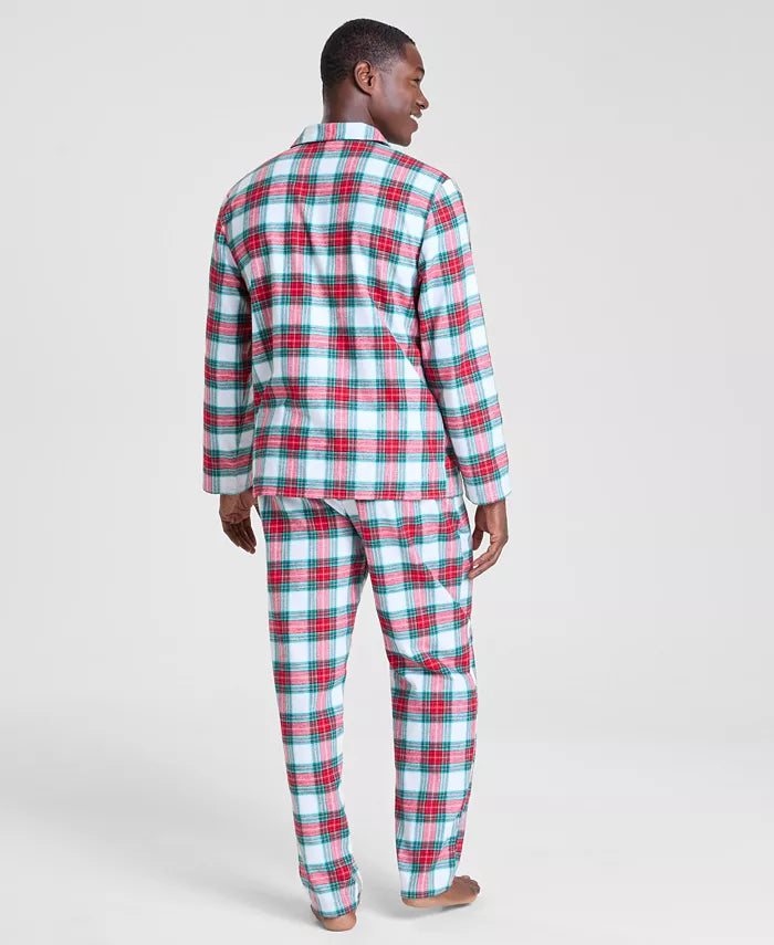Woven Plaid Pajama Set with Button Front Top and Drawstring Pants, Side Pockets