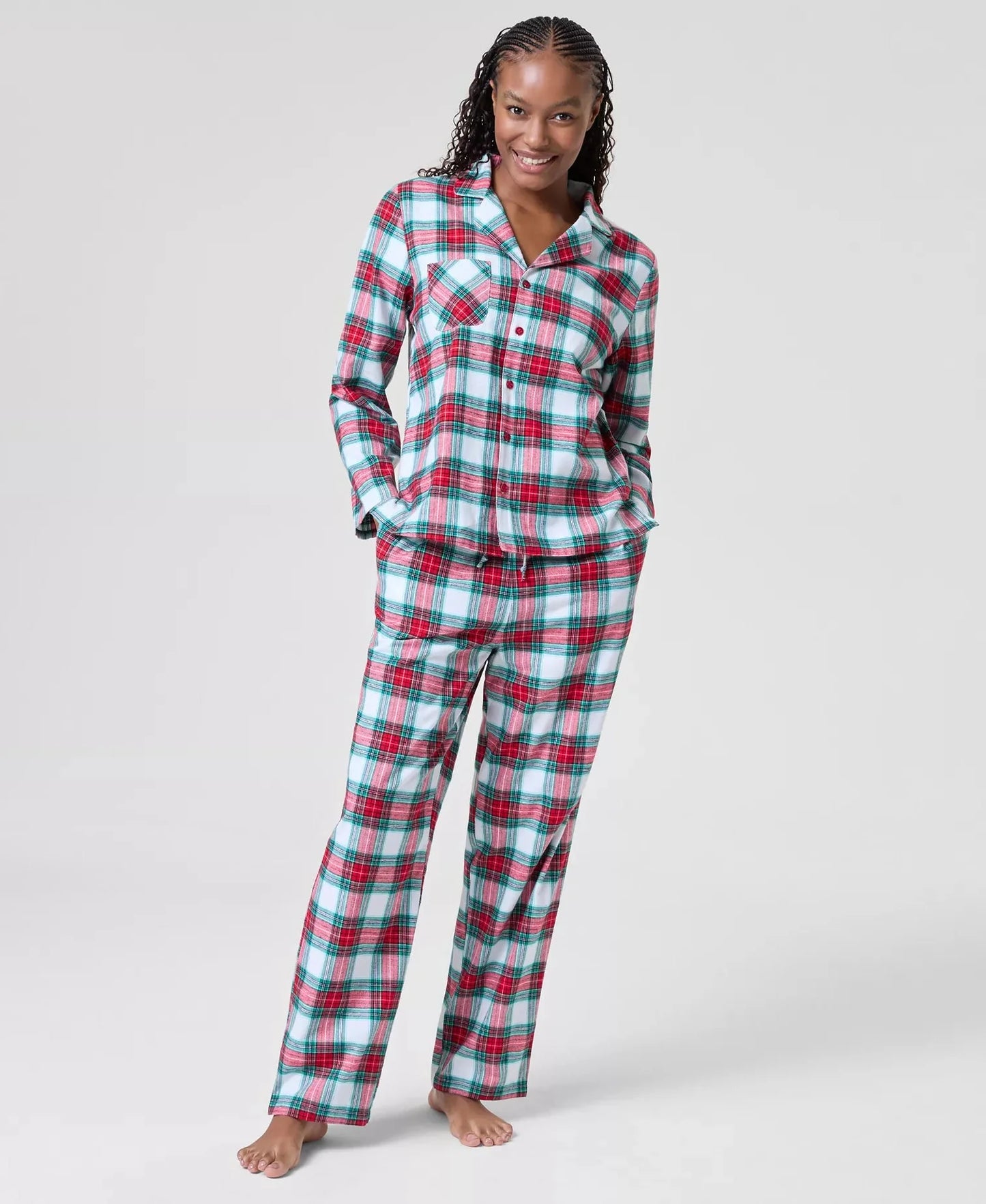 Plaid Pajama Set with Button Front Top and Drawstring Pants, Chest Pocket