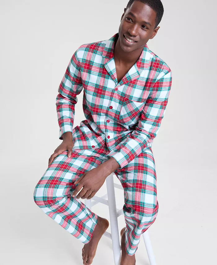Woven Plaid Pajama Set with Button Front Top and Drawstring Pants, Side Pockets
