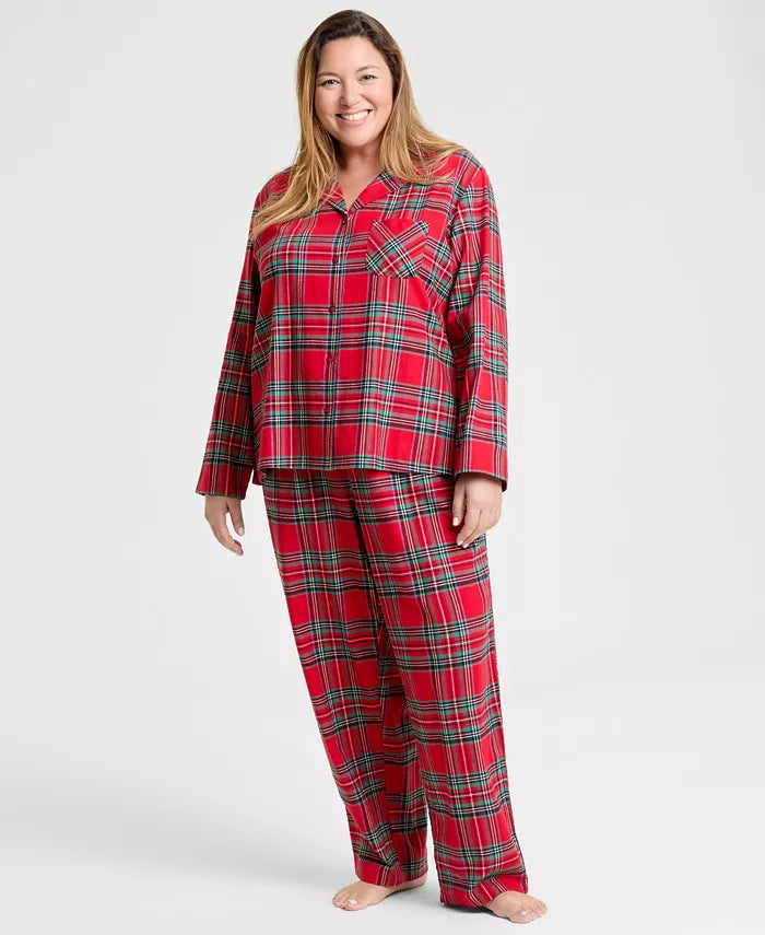 Plaid Flannel Pajama Set with Button Front Top and Elastic Waistband Pants