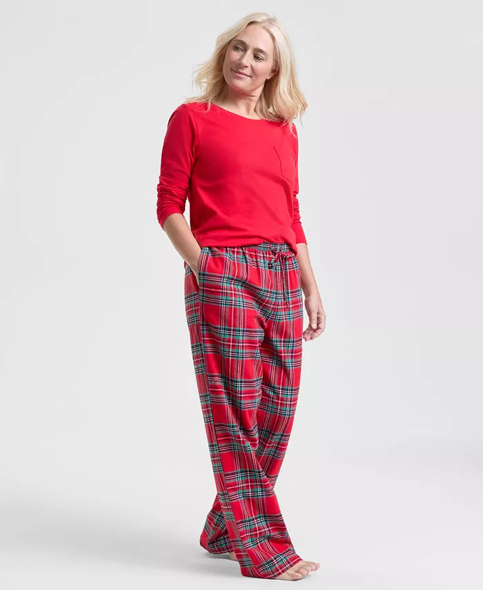 Plaid Pajama Set with Long Sleeve Crewneck Top and Drawstring Pants, Hip Pockets
