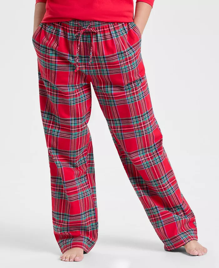 Plaid Pajama Set with Long Sleeve Crewneck Top and Drawstring Pants, Hip Pockets