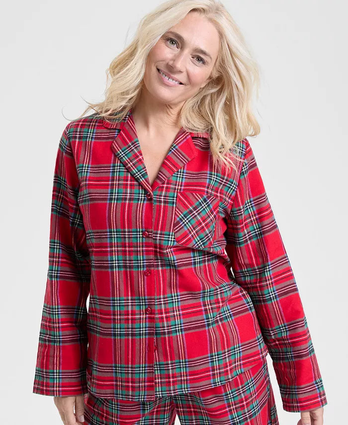 Flannel Pajama Set with Button Front and Notched Collar, Plaid Pattern