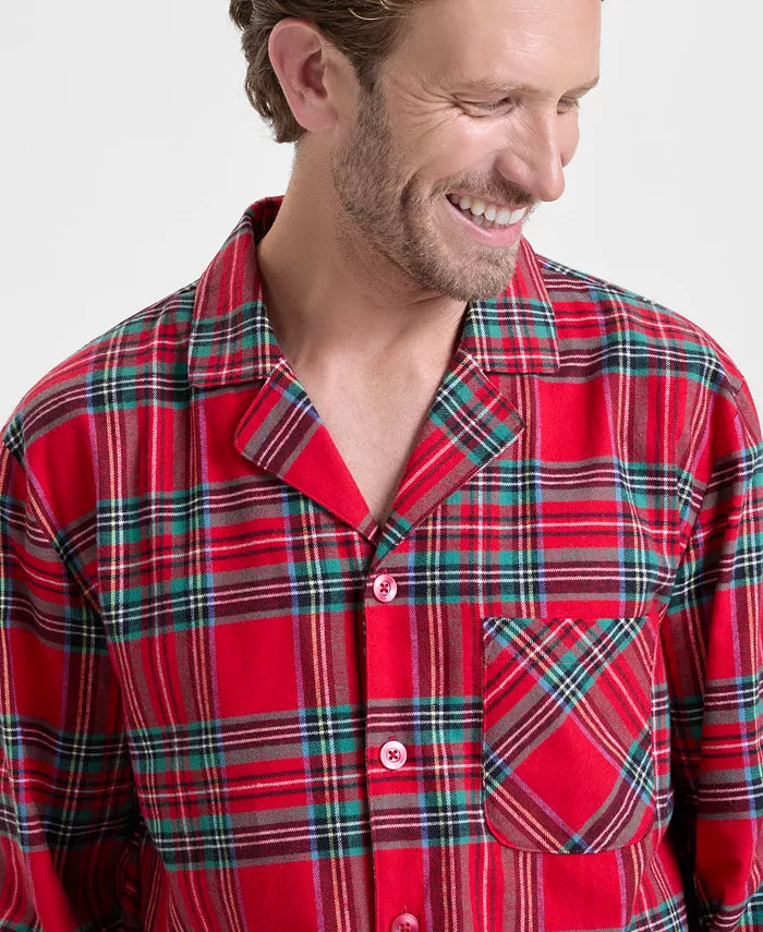 Flannel Pajama Set with Plaid Print and Button Front Top, Machine Washable