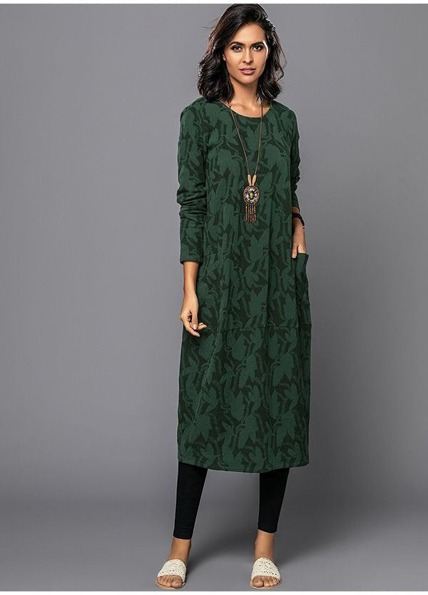 Floral Midi Dress with Long Sleeves and Side Pockets