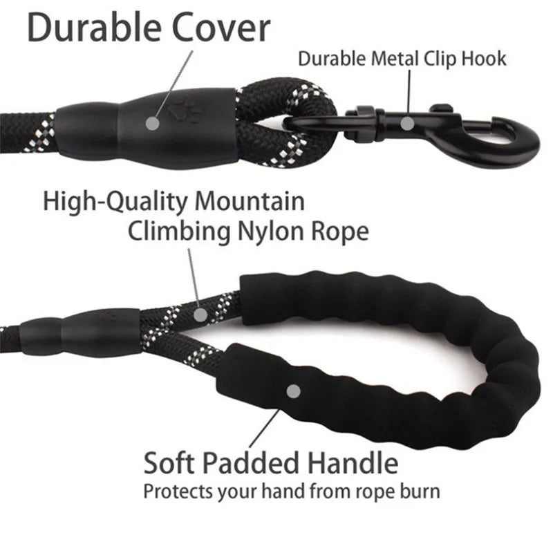 Dog Leash with Reflective Stitching and Padded Grip, Double Rope Construction