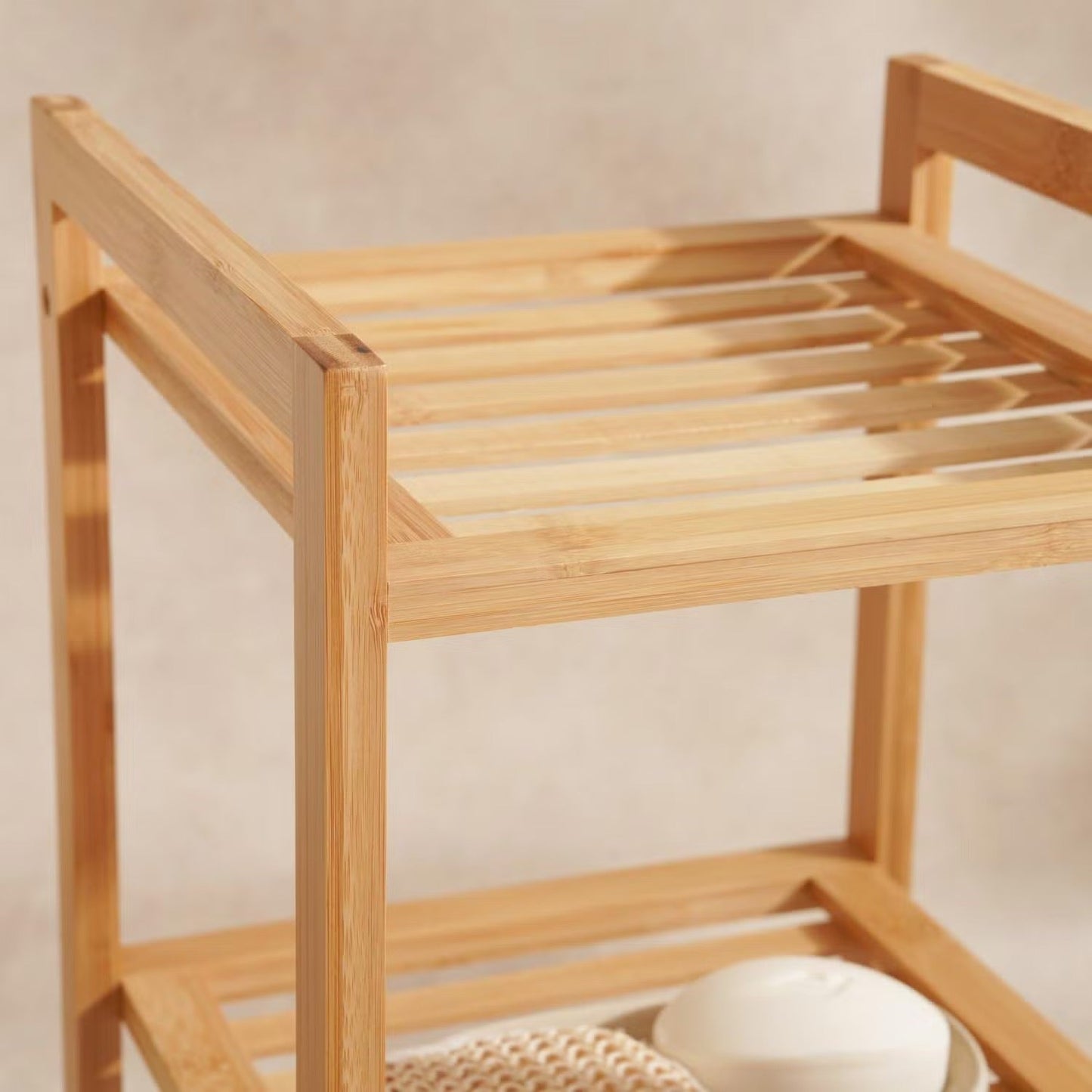 Bamboo Bath Rack with Three Open Shelves and Natural Wood Finish
