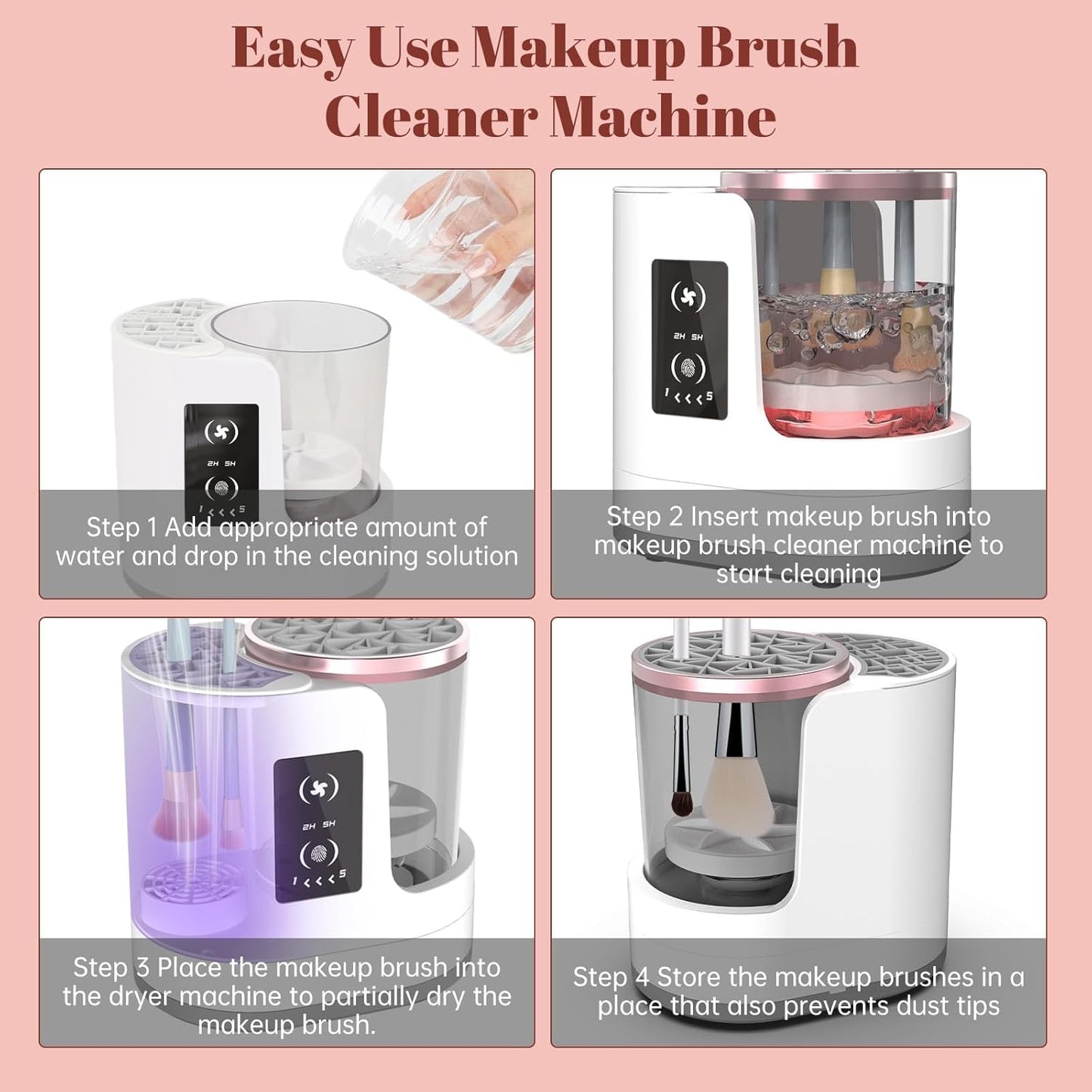 Automatic Makeup Brush Cleaner with High Speed Spinning and Multiple Silicone Collars