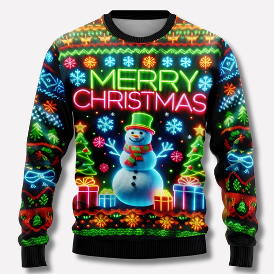 Neon Reindeer and Snowflake Sweater with Crew Neck and Long Sleeves