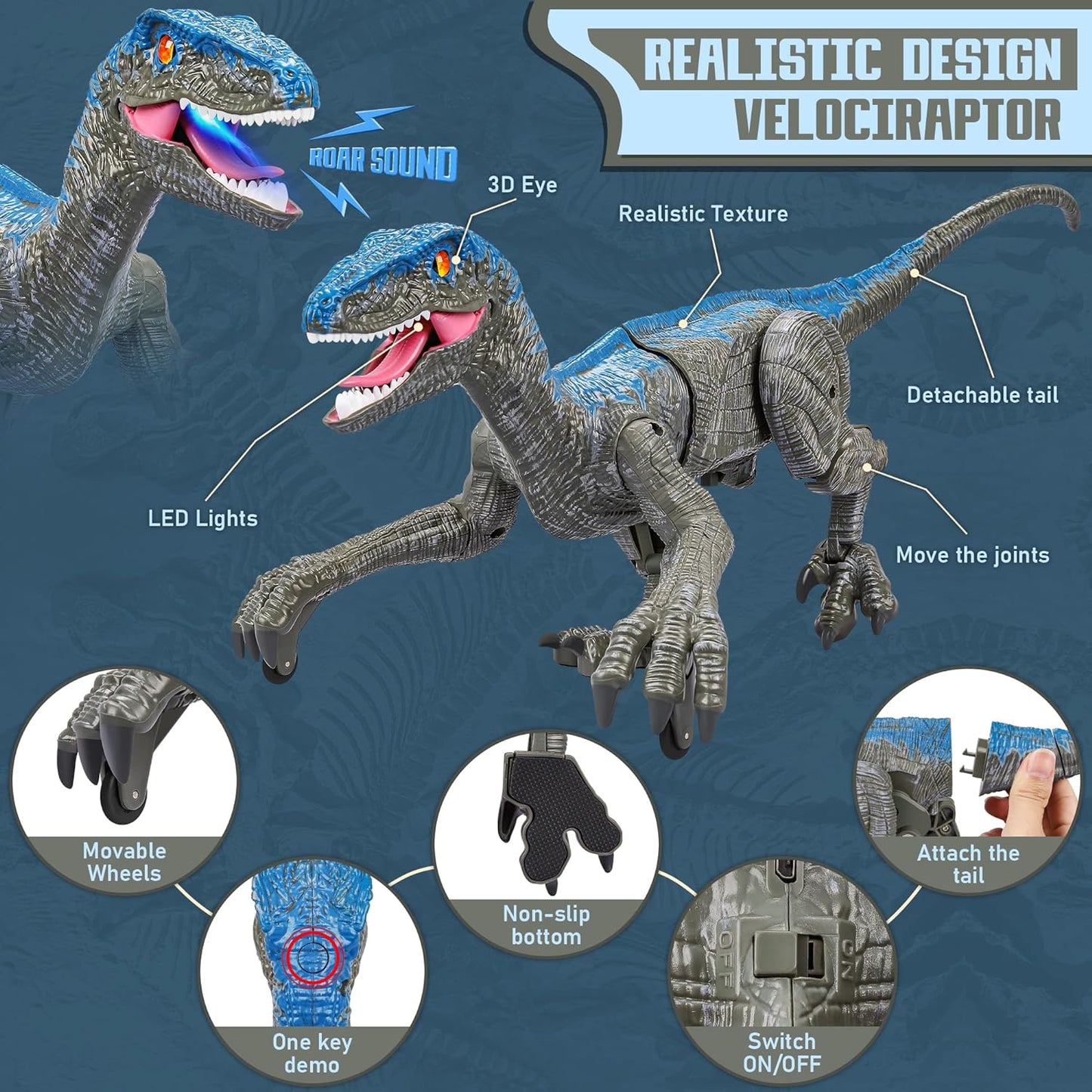 Remote Control Dinosaur Toy with Sound Effects and LED Lights, USB Rechargeable