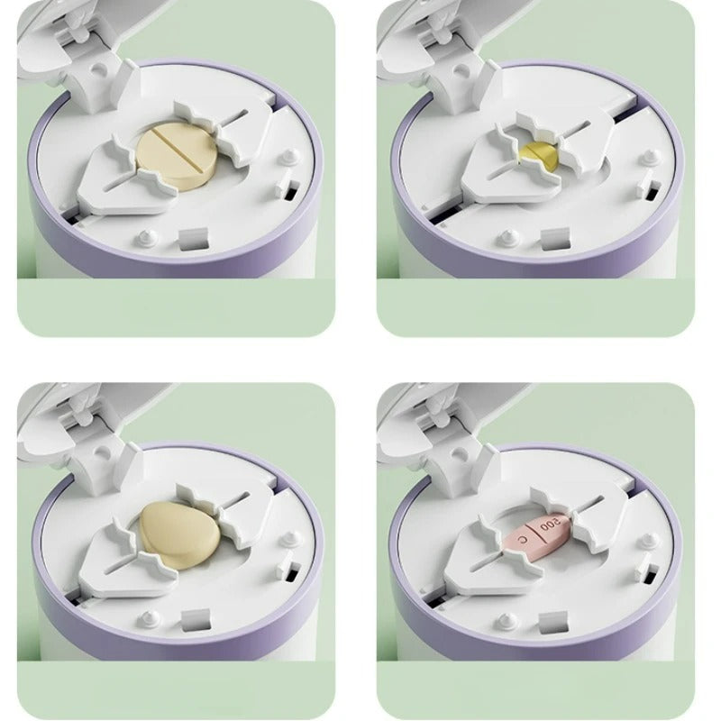 Pill Splitter with Stainless Steel Blade and Storage Compartments, Safety Lock