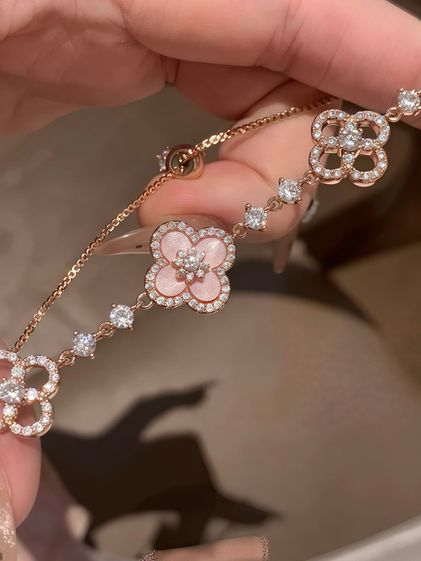 Floral Bracelet with Natural Shell Petals and Faceted Crystal Accents, Gold Plated Finish
