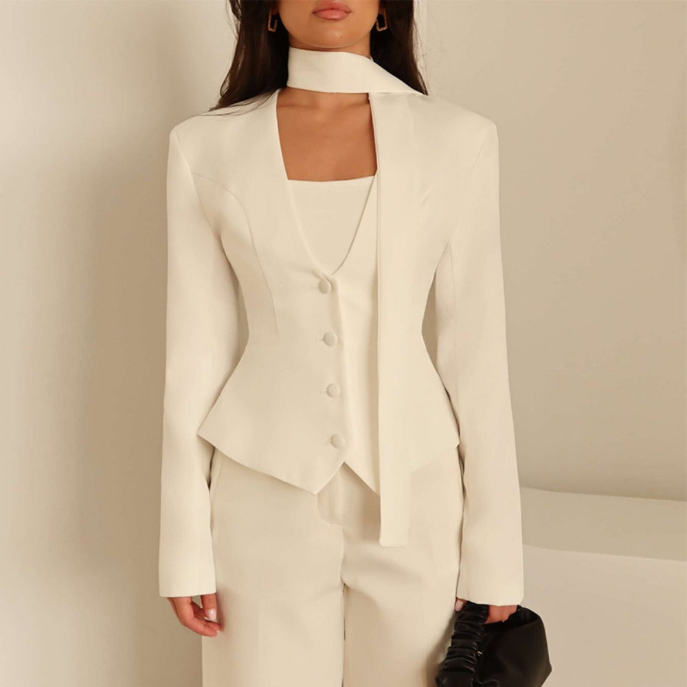 Women's Long Sleeve Blazer with Attached Scarf and Tailored Fit, Single-Breasted