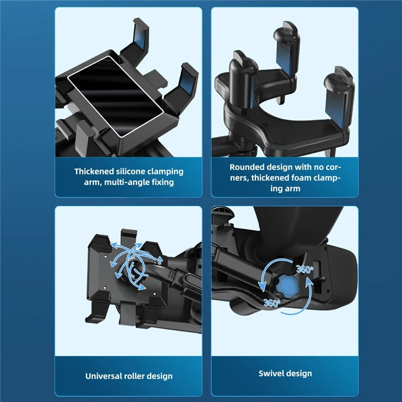 Phone Holder with 360 Degree Rotation and Four Jaw Grip for Rearview Mirror