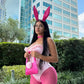Womens Pink Bunny Costume Set with Faux Fur Trim Bodysuit and Sheer Leggings