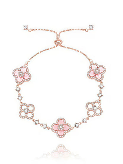 Floral Bracelet with Natural Shell Petals and Faceted Crystal Accents, Gold Plated Finish