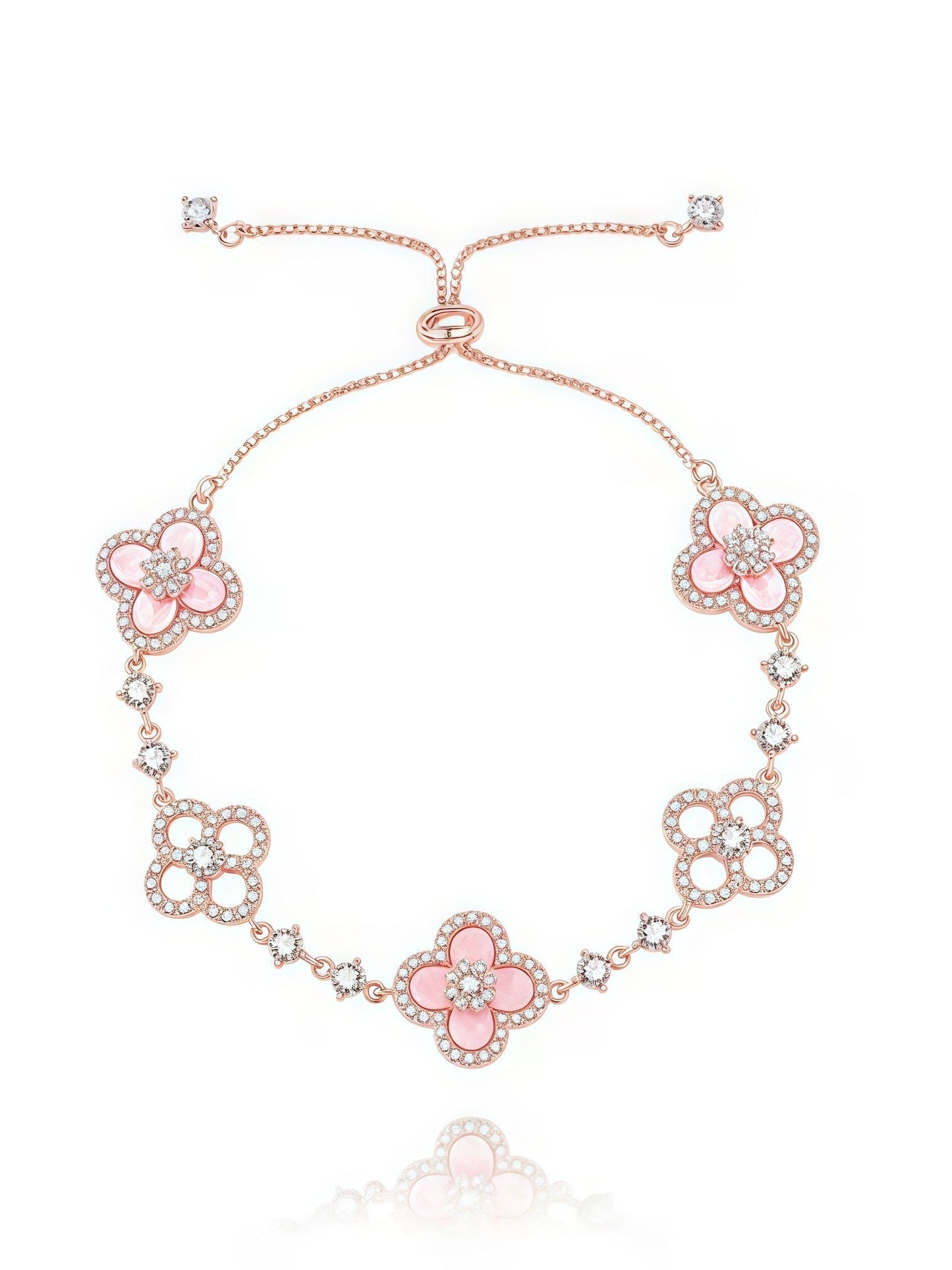 Floral Bracelet with Natural Shell Petals and Faceted Crystal Accents, Gold Plated Finish