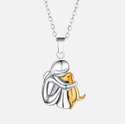 Dog Lover Necklace with Heart Embrace Silhouette and Adjustable 16.5in Chain, Plated Finish
